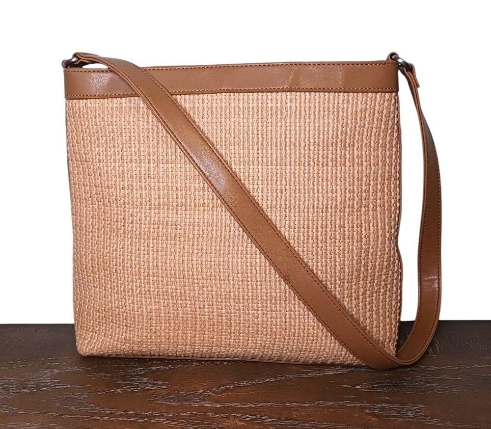 Vintage Fossil Tan Woven Straw Brown Leather Strap Tote Shoulder Bag Boho Y2K